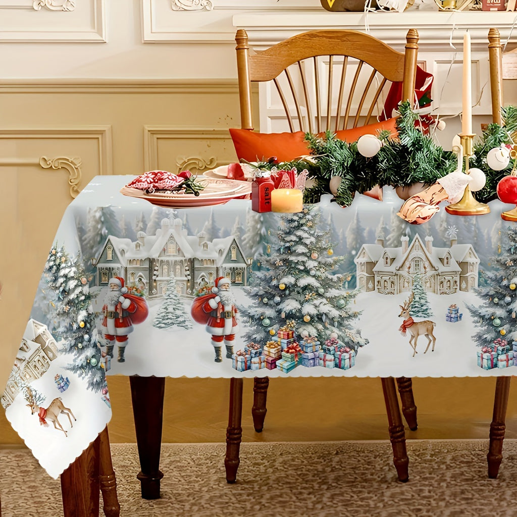 Christmas Holiday Tablecloth with Santa and Gift Tree Print - Polyester Rectangular Table Cover, Waterproof, Stain & Wrinkle Resistant, Machine-Washable for Indoor & Outdoor Use, Festive Dining Decor