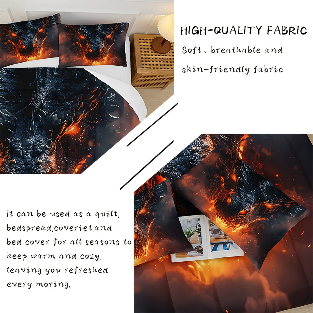 3pcs Dragon Themed Comforter Set, Anime Dragon Bedding Set (1 Bed Comforter + 2 Pillow Cases), Four Seasons Comforter, Soft Comfortable And Breathable Printed Bedding For Home Dorm Decoration