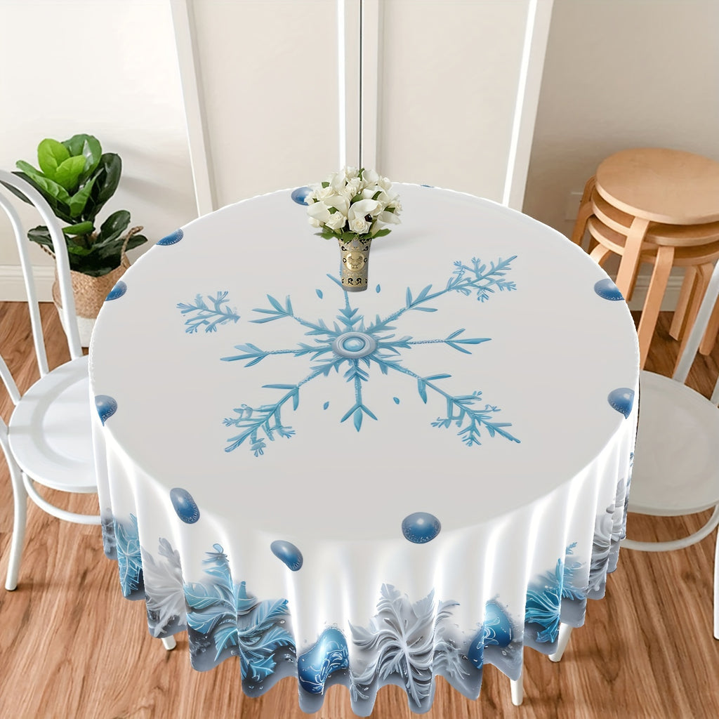 1pc Heat-resistant Polyester Woven 63inch Round Shape Tablecloth, Machine Made Winter Christmas Light Blue Snowflake Pattern Print, Dust-proof Household Art Table Cloth Tapestry Curtain for Dinning Room and Yard, Holiday Party Decor