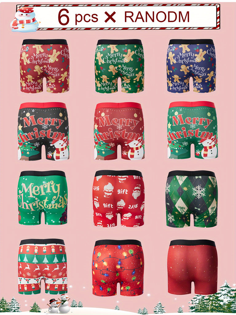 6-Pack Festive Men'S Boxer Briefs, Assorted Christmas Patterns, Comfortable Polyester Knit Fabric, Medium Stretch, Wide Waistband, Breathable Daily & Casual Underwear, Holiday Gift Essentials