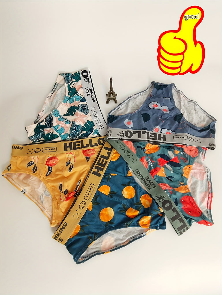 3 Pcs Stylish Mens Triangle Briefs Set - Comfy, Breathable, and Soft Underwear with Fruit & Letter Print Design - Ideal for Everyday Wear