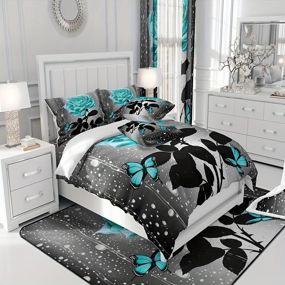 2/3pcs Teal Water Rose Bedding Set, Teal Butterfly Comforter Set for Men Women, Romantic Comforter Floral Flower Quilt Set with 1/2 Pillowcases, Fashionable Room Decor, All Season Lightweight Soft Cozy Warm, Christmas Gifts Decoration Ornaments