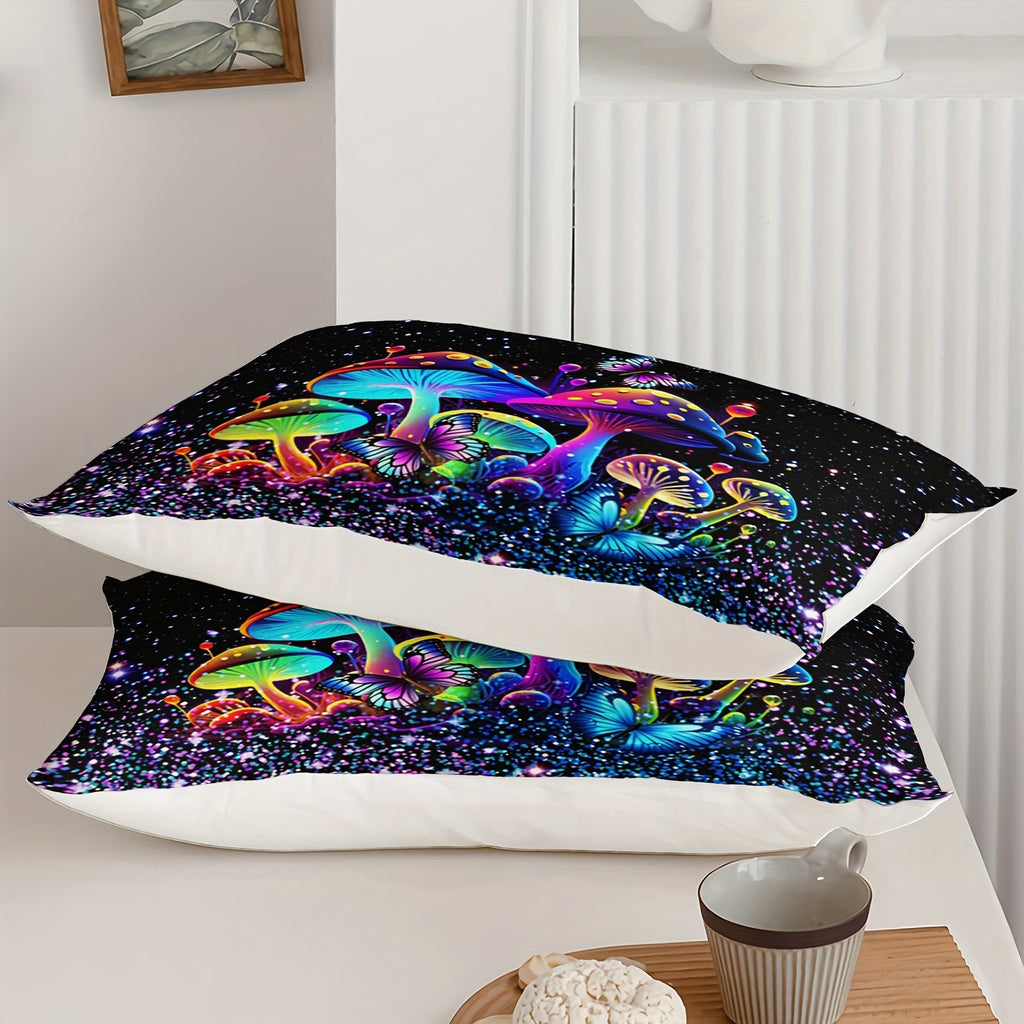 Mushroom Comforter Set, Colorful Sparkle Natural Wild Fungus Bedding Set, Botanical Plants Duvet Set Butterfly Comforter with 2 Pillowcases