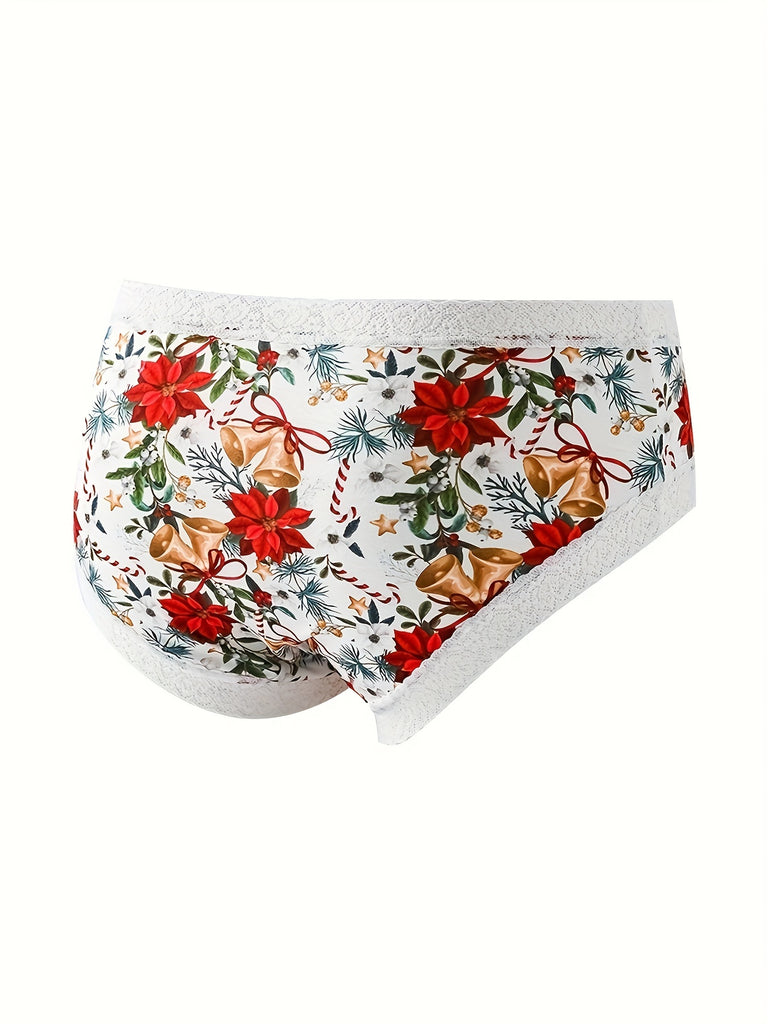 4pcs Christmas Themed Printed Women'S Briefs, Cute Style, Polyester and Elastane Blend, Waist with Contrast Lace Detail, Knit Fabric, with Assorted Patterns