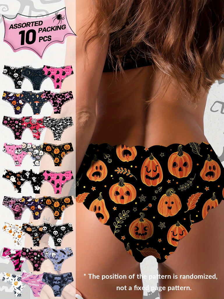 MIOTAN Women's Halloween-Inspired Bikini Briefs 10-Pack - Elegant Polyester Knit Fabric with Stretch, Comfortable Breathable , Seamless Low-Waist Underwear with Artistic Skull and Pumpkin Prints