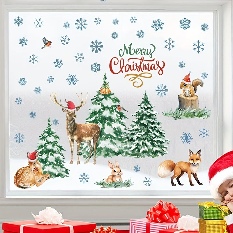 Classic Christmas Wall Stickers 50pcs Set - Watercolor Animals & Snowflakes, PVC Semi-Matte Finish, Self-Adhesive Decals for Glass & Multiple Surfaces, Single-Use Festive Wall Decor