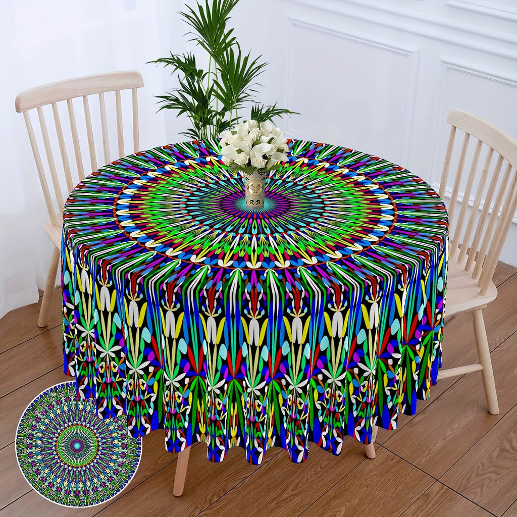 1pc Bohemian Chic Round Polyester Tablecloth - Waterproof, Stain-Resistant, and Easy-to-Clean - Multi-Purpose Decor for Indoor and Outdoor Spaces, Picnics, Barbecues, and Room Decor