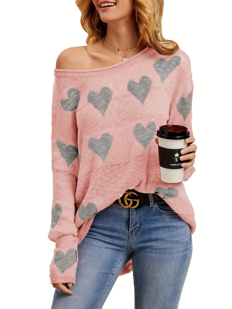 Hearts Print Crew Neck Pullover Sweater, Sexy Baggy Long Sleeve Ribbed Knitted Sweater For Fall & Spring, Women's Clothing