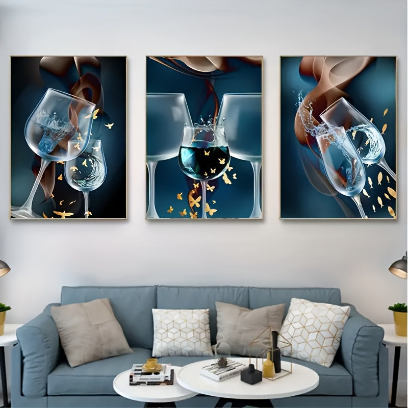 3-Piece Framed Wine Glass Canvas Art Prints - Modern Abstract Wall Decor Set, High-Definition Prints For Living Room, Bedroom, Bathroom, Office & More, Easy To Hang