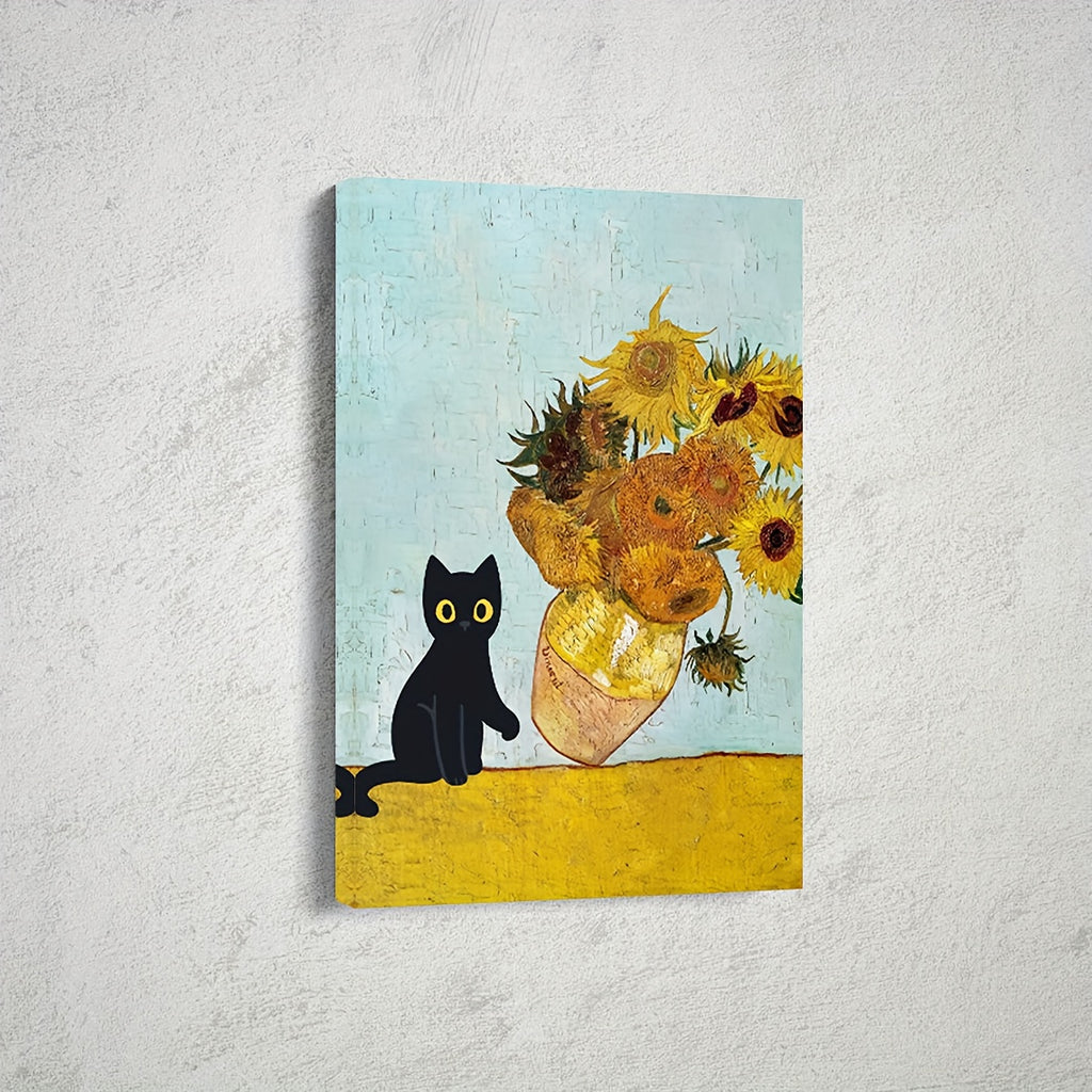 1pc Wooden Framed Canvas Painting - Black Cat Knocks Over Sunflower Vase, Wall Art Prints With Frame - For Living Room & Bedroom Decoration - Perfect Gift for Her & Him - Ready to Hang