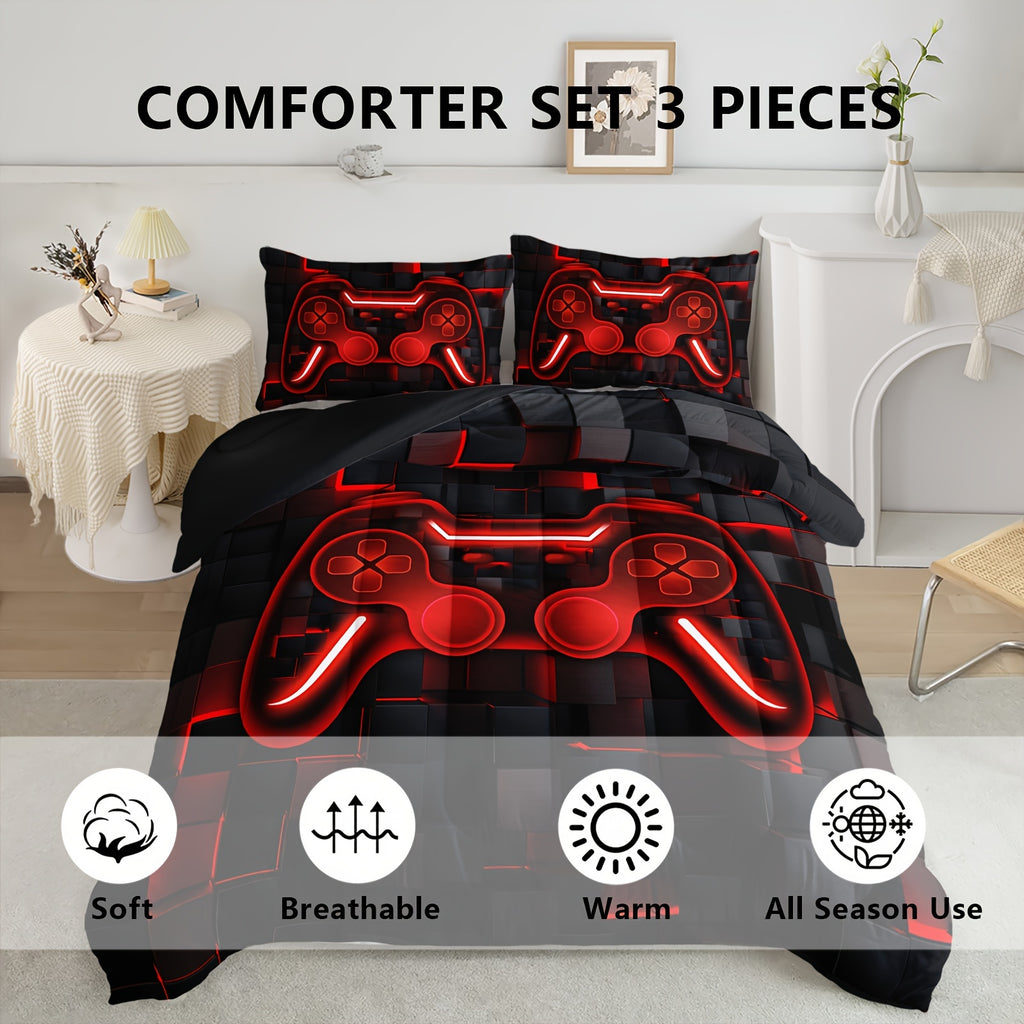 3Pcs Gamepad Comforter Set, Red Grid Print Bedding Set, Gaming Console Comforter Set, Video Gaming Controller Bedding Set For Men Adults, 1 Quilt 2 Pillowcases, Red Black