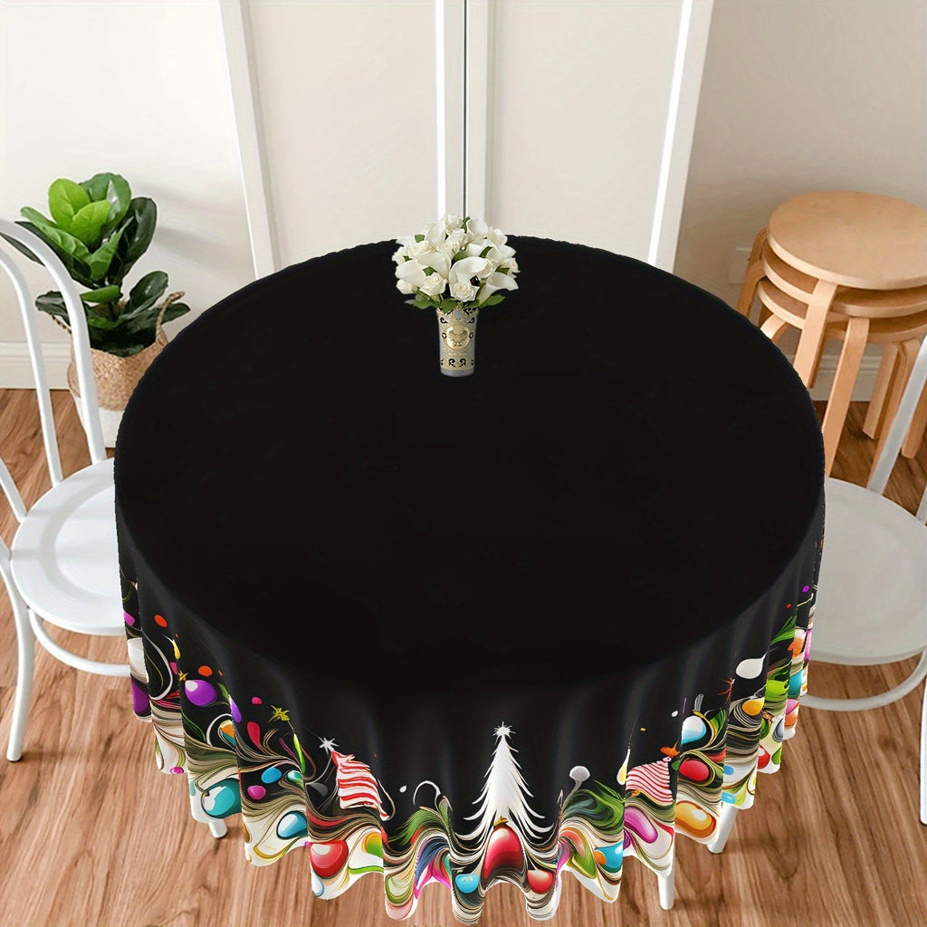 Christmas Tree and Ornament Design Round Tablecloth, Cartoon Polyester Fabric, Machine Woven, Festive Holiday Table Cover, 63 Inch Diameter, Black with Colorful Christmas Style Decoration for Dining and Outdoor Picnics