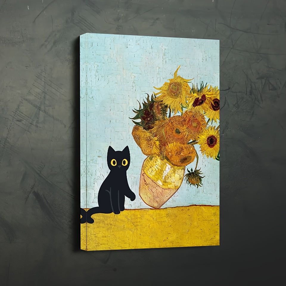 1pc Wooden Framed Canvas Painting - Black Cat Knocks Over Sunflower Vase, Wall Art Prints With Frame - For Living Room & Bedroom Decoration - Perfect Gift for Her & Him - Ready to Hang