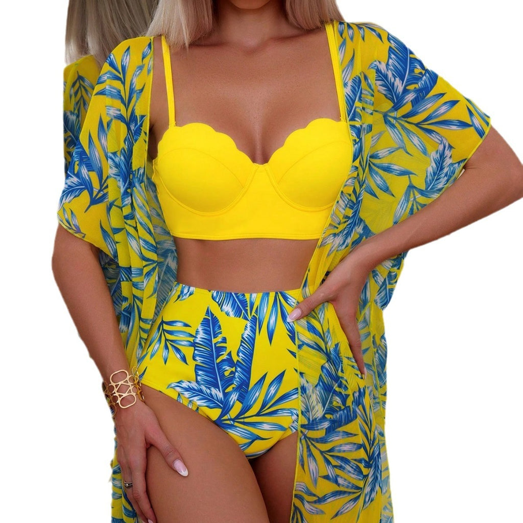 Women's Maple Leaf Printed High Waist Mesh Bikini Suit