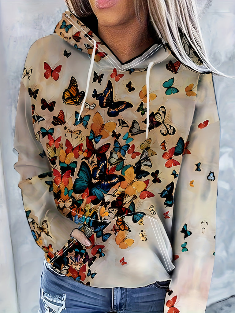 Butterfly Print Kangaroo Pocket Hoodie, Casual Long Sleeve Drawstring Hoodie Sweatshirt, Women's Clothing