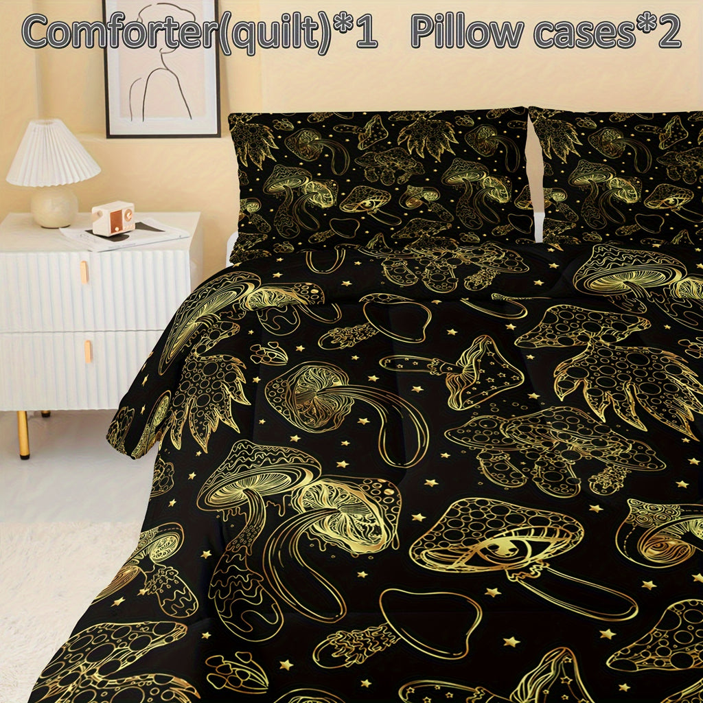 3pcs Mushroom Print Bedding Duvet Set, Suitable For Bedroom, Guest Room Soft And Comfortable Comforter Set, Gift For Family And Friends (1*Comforter+ 2*Pillowcase, Core Not Included)