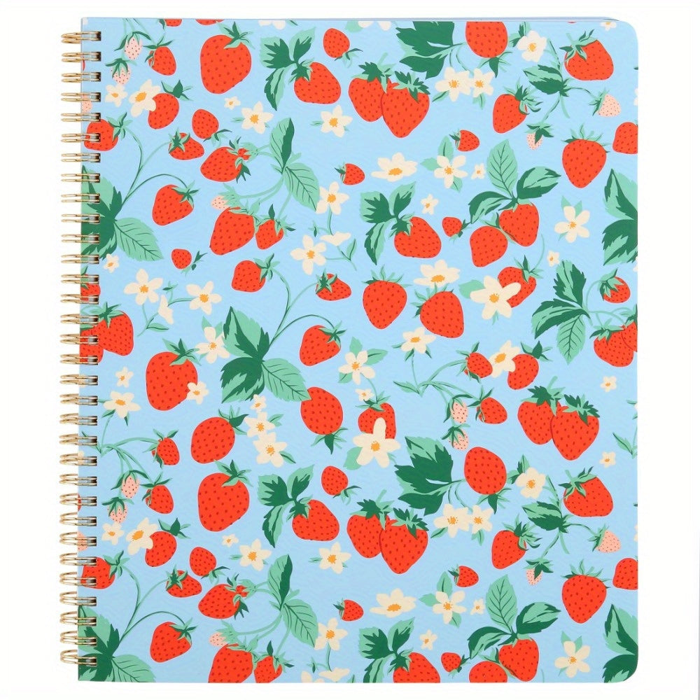 Strawberry-Themed Large Spiral Notebook with Pockets, 11x9", 160 Lined Pages - Perfect for Journaling & Office Supplies