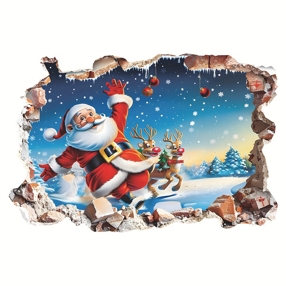 Santa Claus and Reindeer Christmas Wall Decal Sticker, PVC Self-Adhesive Single Use, Cartoon Irregular Shape, for Glass and Smooth Surfaces, 15.7 x 23.6 inches, Festive Decoration for Kitchen, Bedroom, Bathroom - 1pc