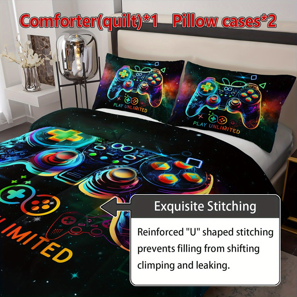 3pcs Cool Gamepad Quilt Set (1 Quilt + 2 Pillowcases, Pillows Not Included), Four Seasons Quilted Soft Comfortable Breathable Printed Bedding For Home Dorm Decor