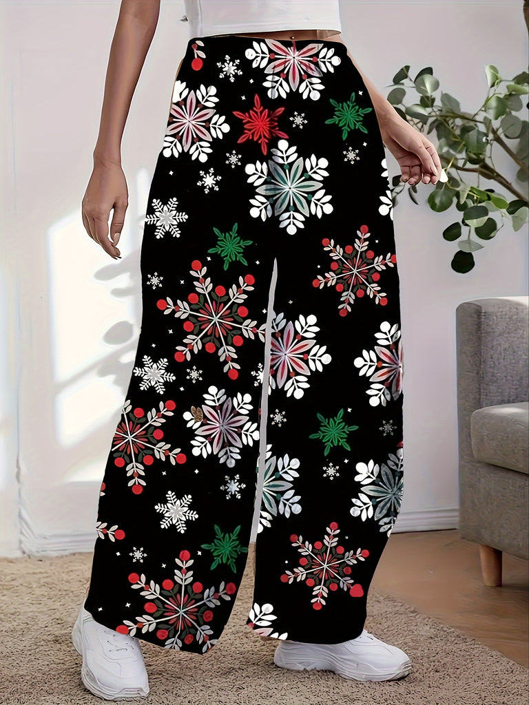 Christmas Snowflake Print Pants, Casual Pants With Pockets, Women's Clothing