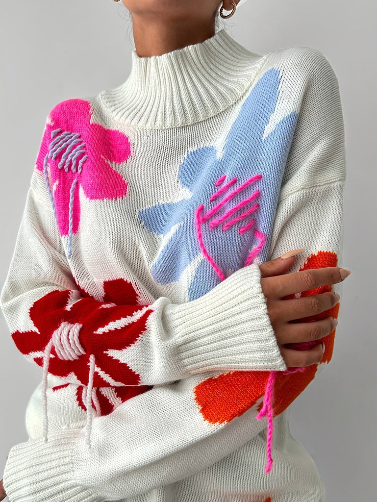 Floral Pattern Drop Shoulder Sweater, Stylish Turtle Neck Long Sleeve Pullover Sweater For Winter & Fall, Women's Clothing