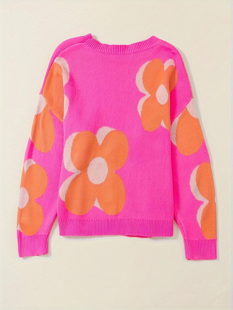 Floral Pattern Drop Shoulder Sweater, Casual Crew Neck Long Sleeve Sweater For Winter & Fall, Women's Clothing