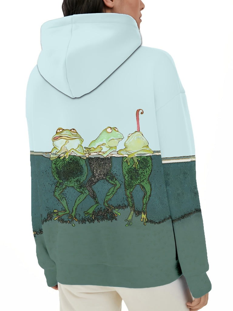 Fun And Cute Frog Print Hoodie, Casual Long Sleeve Hooded Sweatshirt, Women's Clothing