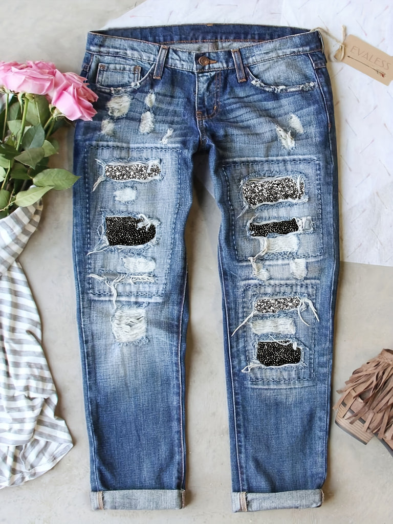 YIWEIDI High Waist Distressed Denim Jeans With Star Print, Stretchy And Comfortable, Four-Season Wear, Machine Washable