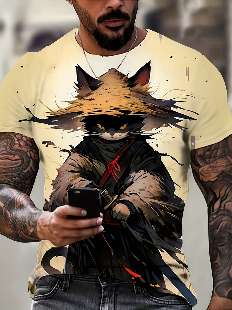 Men's Retro Comic Style Cat Samurai Pattern Crew Neck T-shirt, Summer Top For Street And Casual Wear