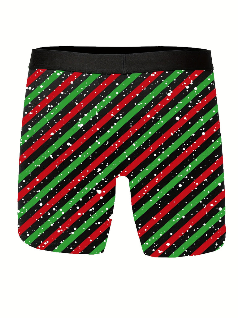 3pcs Men'S Christmas Boxer Briefs, Festive Santa & Reindeer Print, Polyester & Elastane Blend, High Stretch, Knit Fabric, Casual Shortie Underwear with Cartoon Patterns