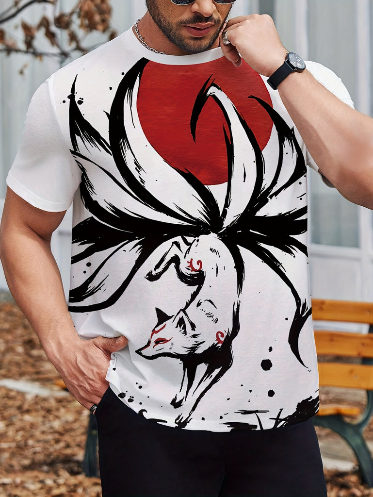 Nine-Tailed Beast Print Men's Short Sleeve Crew Neck T-Shirt - 100% Polyester Casual Tops with Slight Stretch - Animal Pattern Tee for Summer, Sports & Parties - Regular Fit Knit Fabric - For Adults & Teens