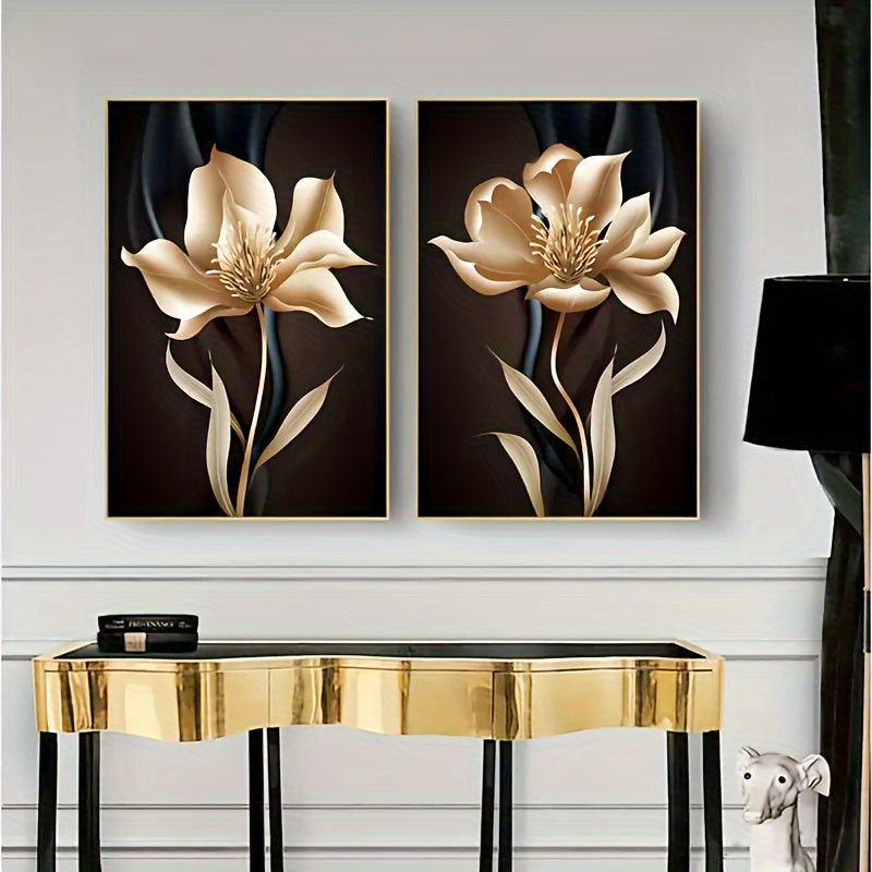 Modern Glam Style Painting - Golden Flowers on Black & White Background - Framed Wall Art Pictures - Set of 3 - Perfect for Living Room, Bedroom, Aisle Decor - Gift for Art Lovers