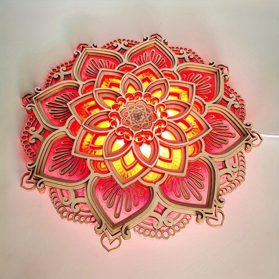 Three-dimensional Wooden Mandala Atmosphere LED Night Light, Creative Carved Home Decoration Pendant Crafts for Christmas, Birthday Gifts