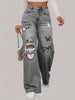 1pc Elegant Low Waist Wide Leg Jeans, DK8130, Ripped Denim with Printed Accents, Non-Stretch Solid Color, Button Fly, Long Pants for Weekend Casual, All Seasons