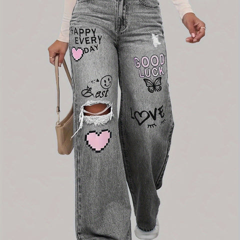 1pc Elegant Low Waist Wide Leg Jeans, DK8130, Ripped Denim with Printed Accents, Non-Stretch Solid Color, Button Fly, Long Pants for Weekend Casual, All Seasons