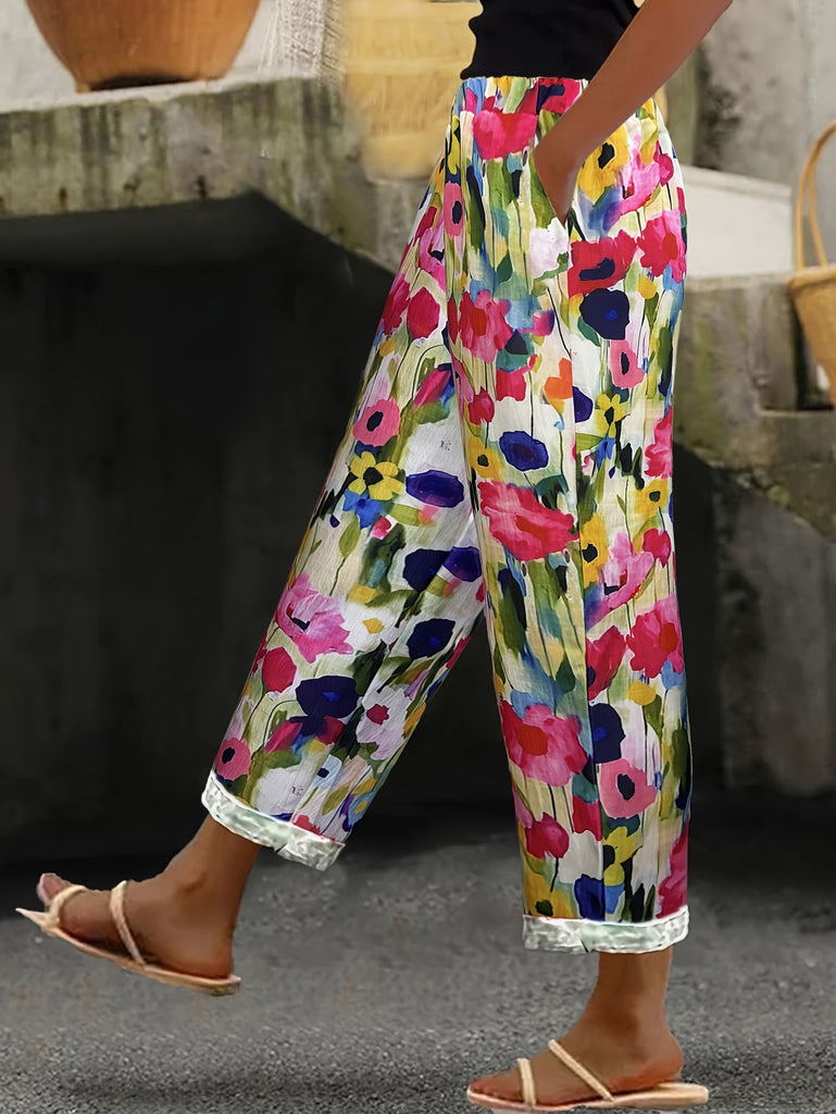 Women's Casual All Season Floral Print Pants - Comfy Elastic Waist, Woven Pockets, Soft Fabric, And Easy Care-Versatile Casual Wear For Women