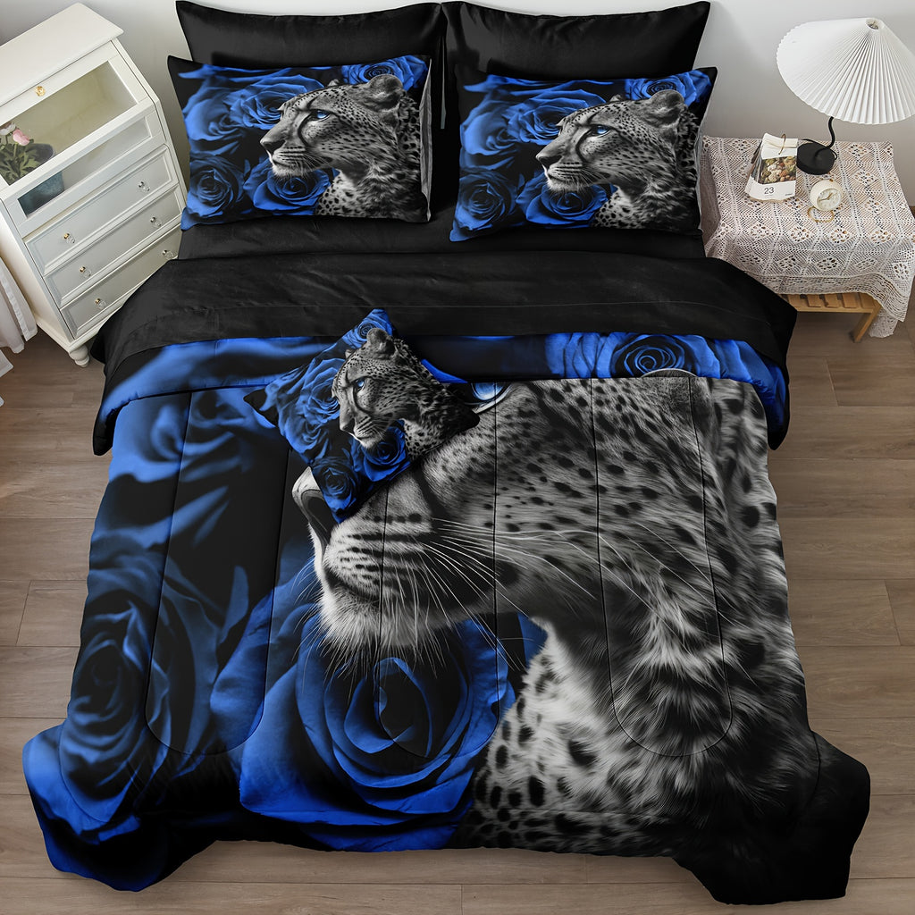 8 Pieces Cheetah Leopard Bed In A Bag Blue Rose Comforter Set Blue Flower Bedding Tiger Lion Wild Animal Comforter Set 200g Microfiber Filling Soft Lightweight Comforter Set For All Seasons