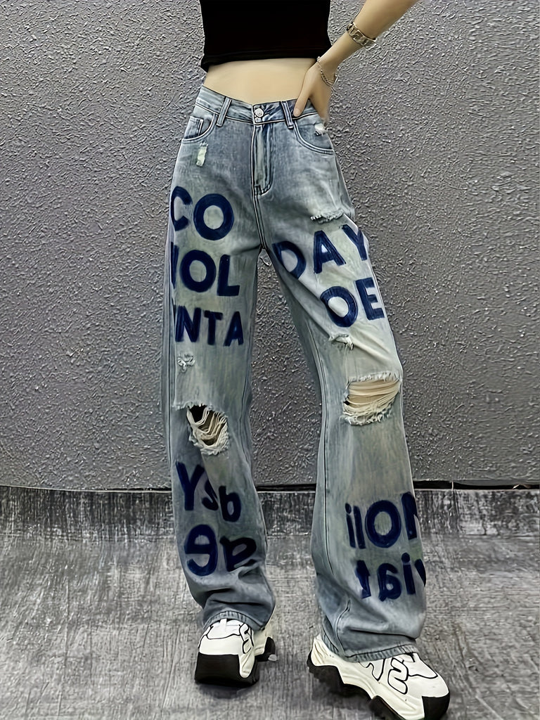 Ripped Knee Cut Loose Fit Letter Print Washed Jeans, Casual Style Zipper Button Closure Denim Pants, Women's Denim Jeans & Clothing