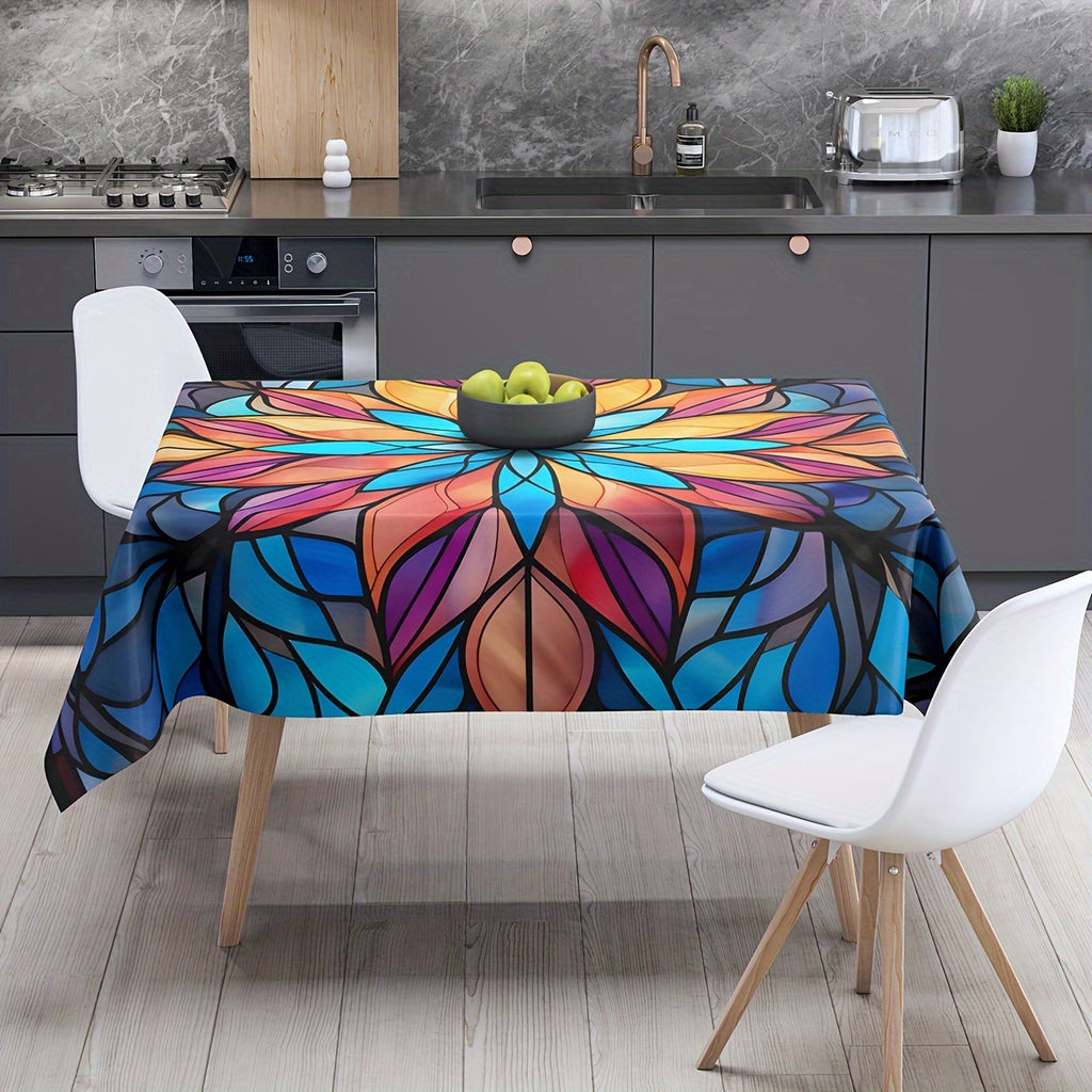 Chic Blue Floral Waterproof Tablecloth - Handmade Polyester, Square Shape for Kitchen & Dining Room Decor