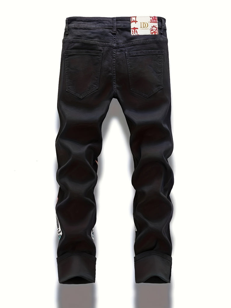 Men'S Flame Print Skinny Jeans, 55% Cotton Denim with Slight Stretch, All-Season Regular Fit, Washed Striped Pattern, Woven Polyester-Rayon-Spandex Blend
