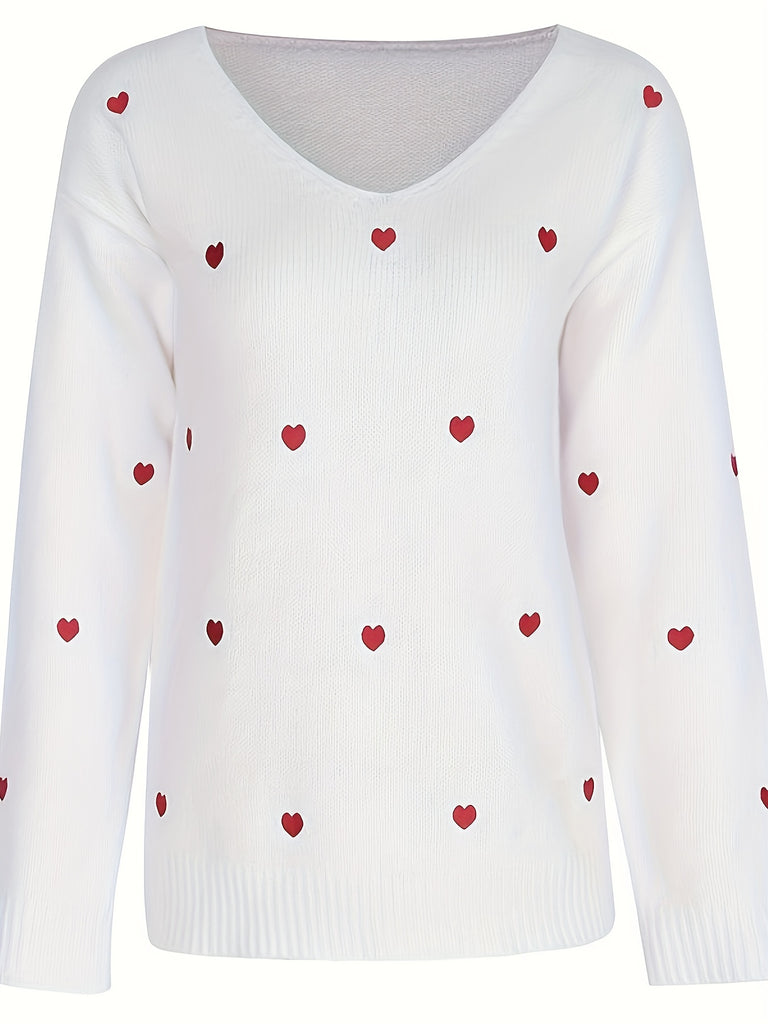 Valentine's Day Heart Print Sweater, Casual V Neck Long Sleeve Sweater For Fall & Winter, Women's Clothing