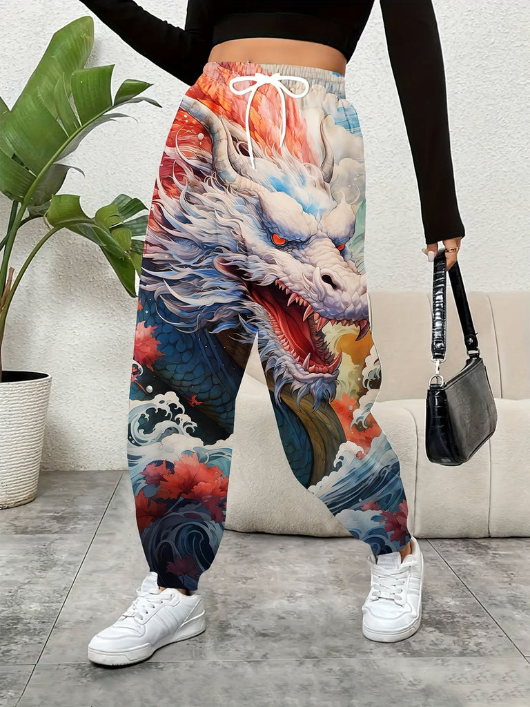 Cartoon Dragon Print Fitted Bottom Joggers, Casual Drawstring Waist With Pockets Sporty Pants For Spring & Summer, Women's Clothing