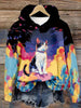 Women's Artistic Cat Print Hoodie - Casual Long Sleeve with Drawstring, Polyester & Spandex Blend, Machine Washable