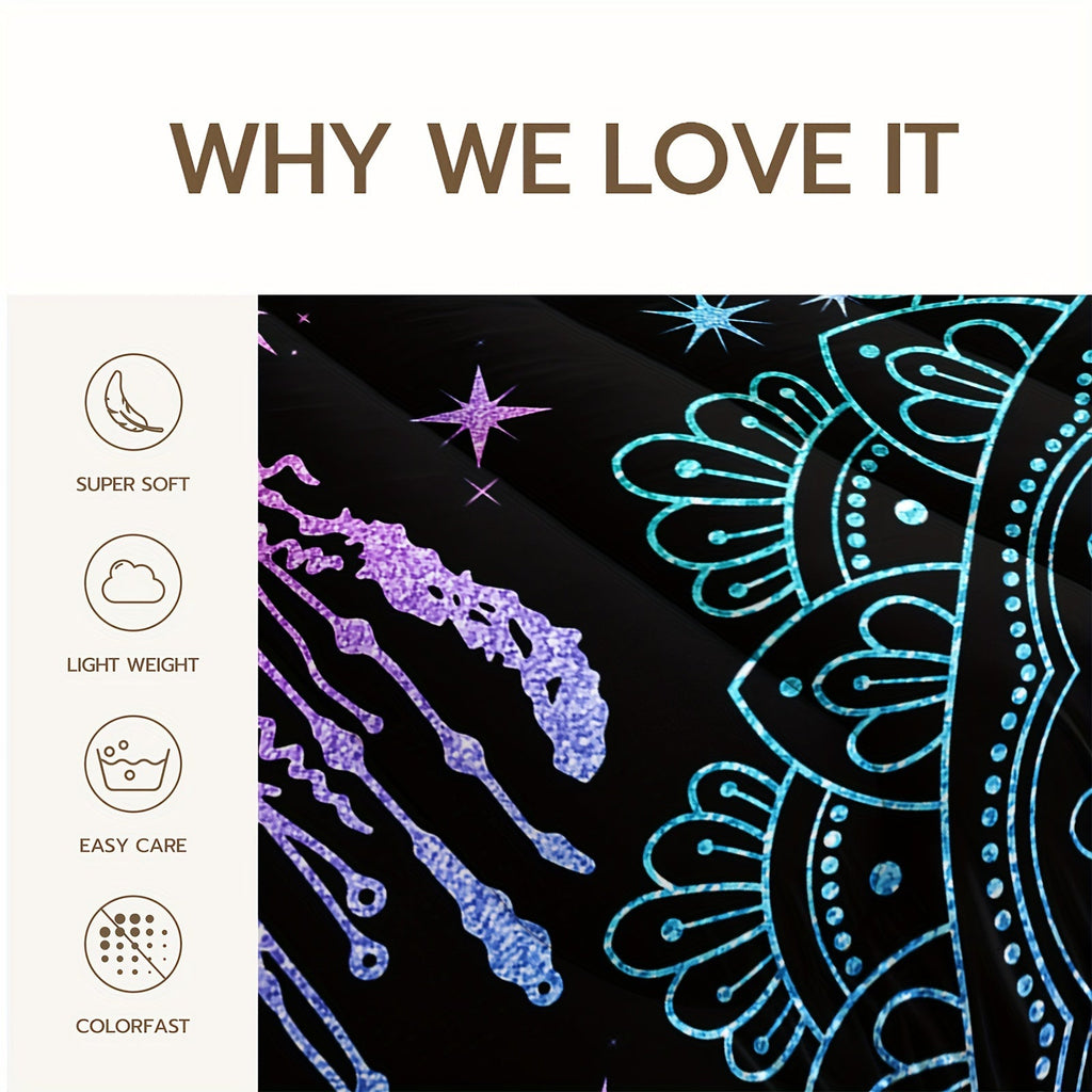 3pcs Sun Moon Butterfly Mandala Print Comforter Set (1 Comforter + 2 Pillowcase Without Pillow Insert) For All Seasons, Microfiber Rainbow Gradient Bedding Set For Bedrooms Decoration