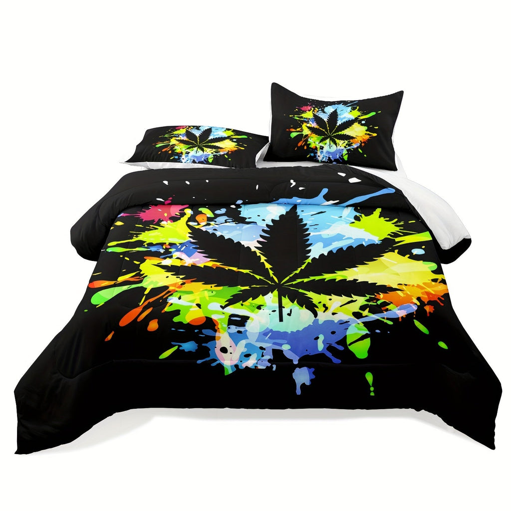 Cannabis Leaves Bedding Set, Hemp Leaves Bedding Weed Comforter Set Queen Size, Boho Comforter Set Queen, Tie Dye Comforter, Rainbow Comforter, Maple Leaf Bedding Set (Not Including Duvet Cover And Pillow Core)