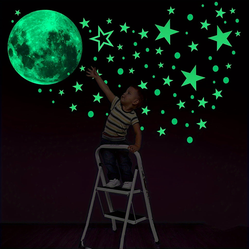 5pcs Glow-in-the-Dark Wall Decals - Luminous Moon, Stars & Dots Stickers for Bedroom and Living Room Ceiling Decor, Fluorescent Green, Self-Adhesive