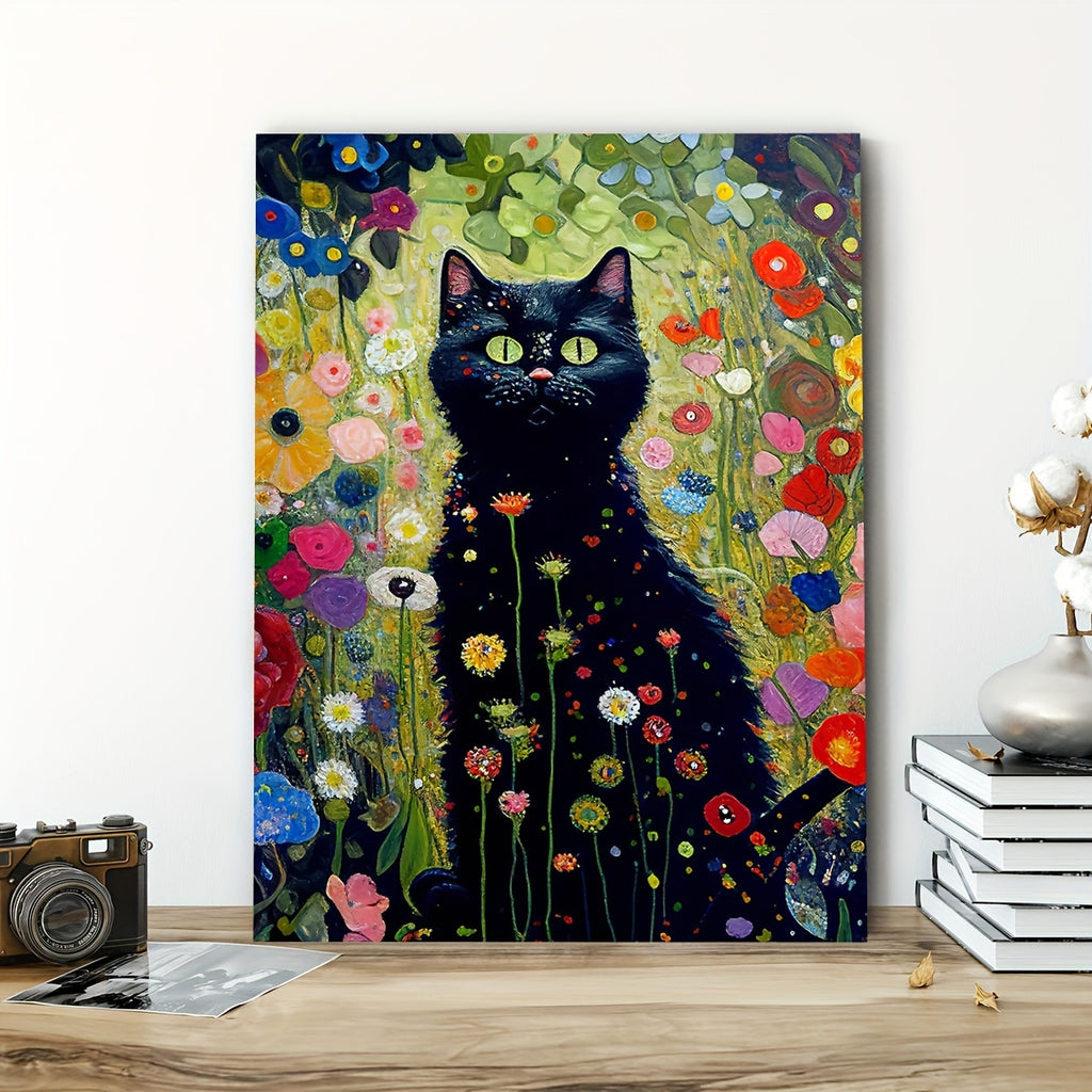 Gustave Klimt-Inspired Garden Cat Canvas Art - Waterproof, Framed Wooden Wall Decor for Living Room, Bedroom, Office & More