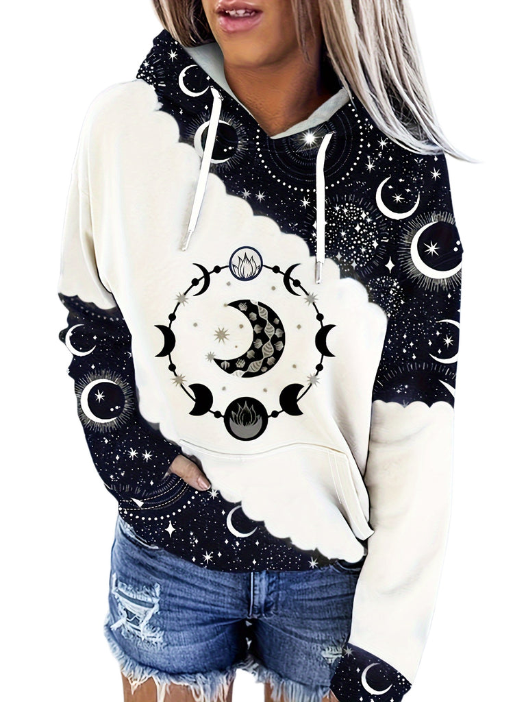 Moon Print Kangaroo Pocket Hoodie, Casual Long Sleeve Drawstring Hoodies Sweatshirt, Women's Clothing