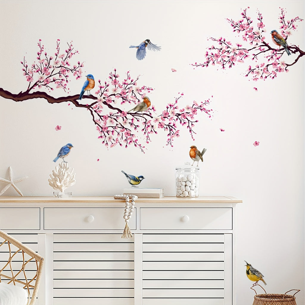 A set of two (11.81*23.62inch*2pcs) peach blossom branch and bird wall stickers for living room background wall room decoration wall stickers self-adhesive wholesale wall stickers (MS8060)