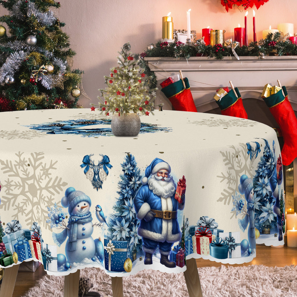 Christmas Cheer Tablecloth - Santa, Snowman & Pine Tree Design | Durable Polyester with Embossed Edge | Perfect for Dining, Balcony & Coffee Tables | Indoor/Outdoor Holiday Decor